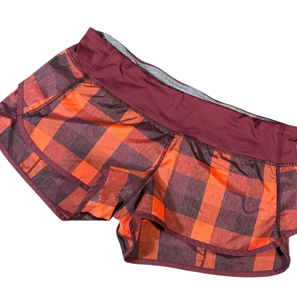 Lululemon Speed Shorts Women's 8 Orange Burgundy Buffalo Plaid Low Rise Running